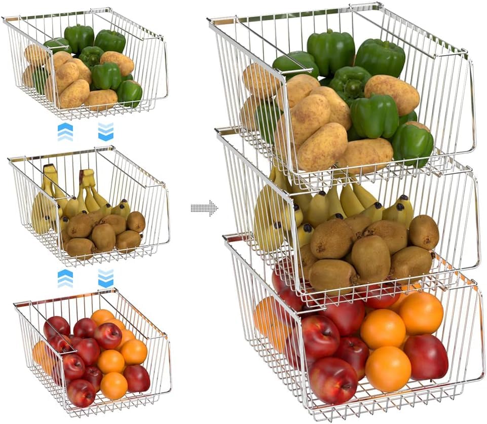 Sanno 14'' Stacking Baskets Bin Wire Storage Baskets Organization Farmhouse Scoop Baksket For Pantry, Kitchen, Closets, Bathroom