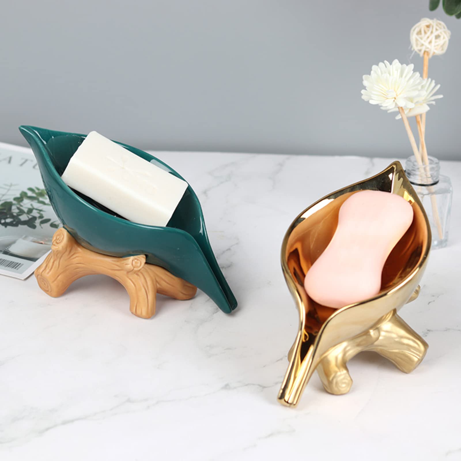 Leaf Soap Dish for Shower Ceramic Soap Holder with Stump Bathroom Ring Dish Holder for Jewelry Engagament Wedding Birthday Gifts Gold