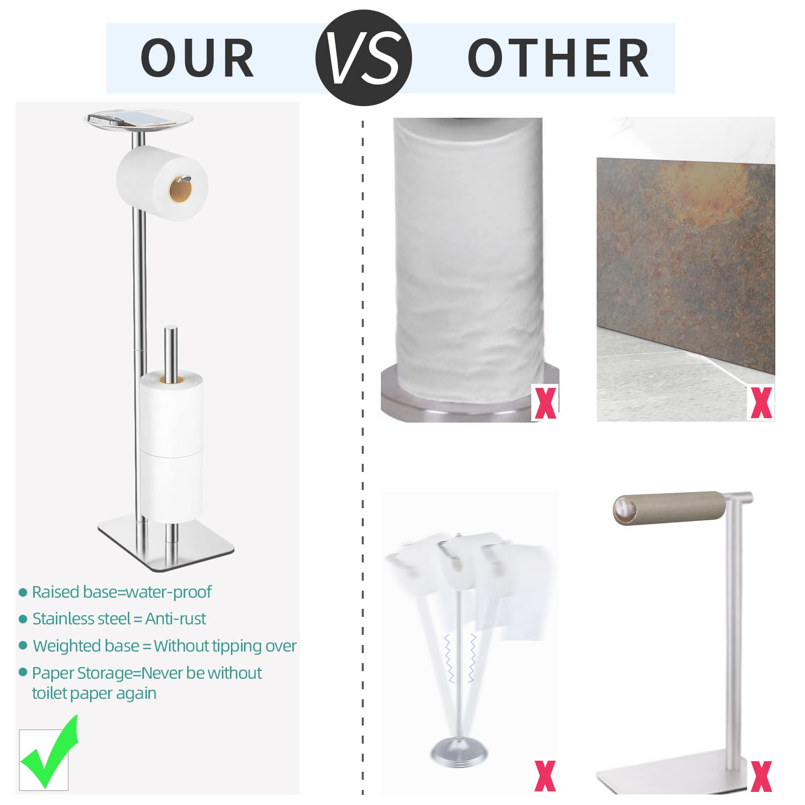 FEILERN Toilet Paper Holder Stand for Bathroom Floor Standing Toilet Roll Dispenser Storages 4 Reserve Rolls  with Top Storage Shelf for Cell Phones  Wipe  Wallet and More(Chrome)