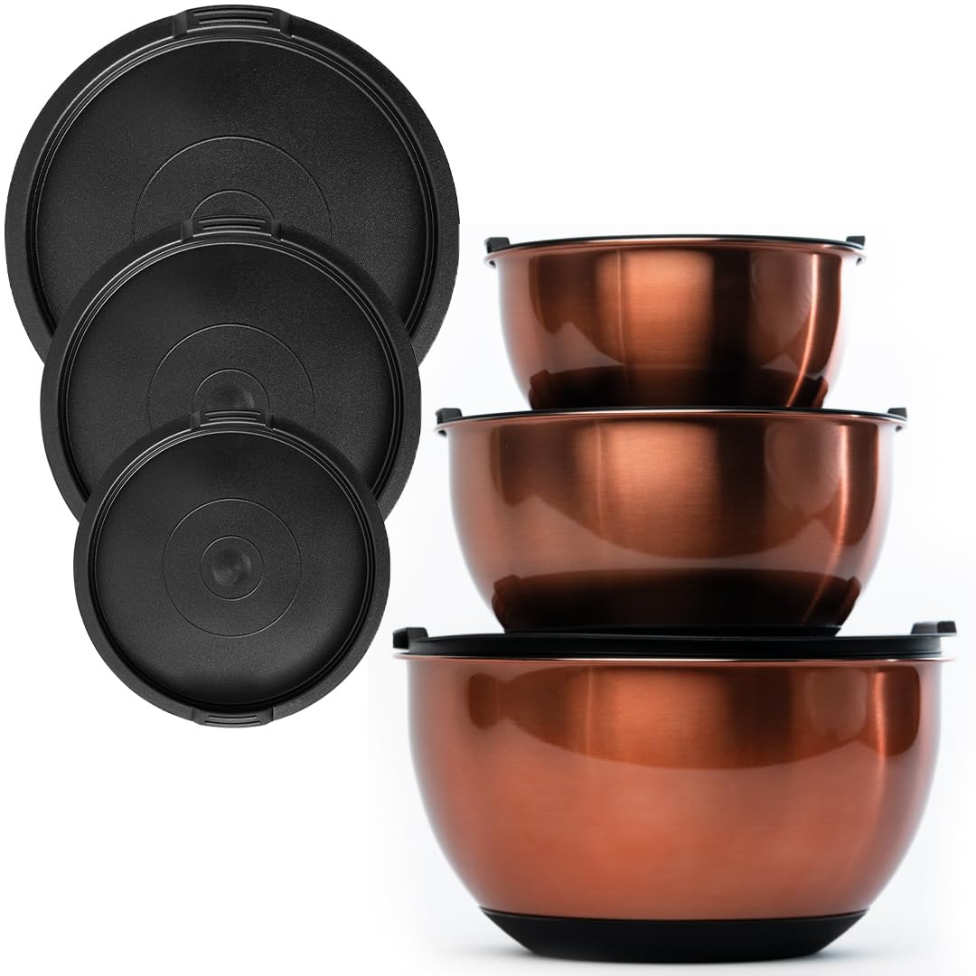 Samma Copper Mixing Bowls- Mixing Bowl Set With Stainless Steel Body- Copper With Black Silicone Bottom Mixing Bowl- Versatile K