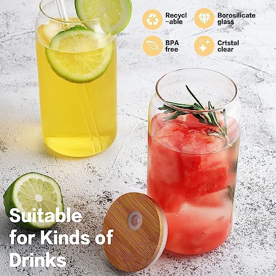 Kikiluxxa Wooden Lid Mojito Coffee Glass Can Mug With Straw Pack Of 4-540Ml (Florida Can 4)