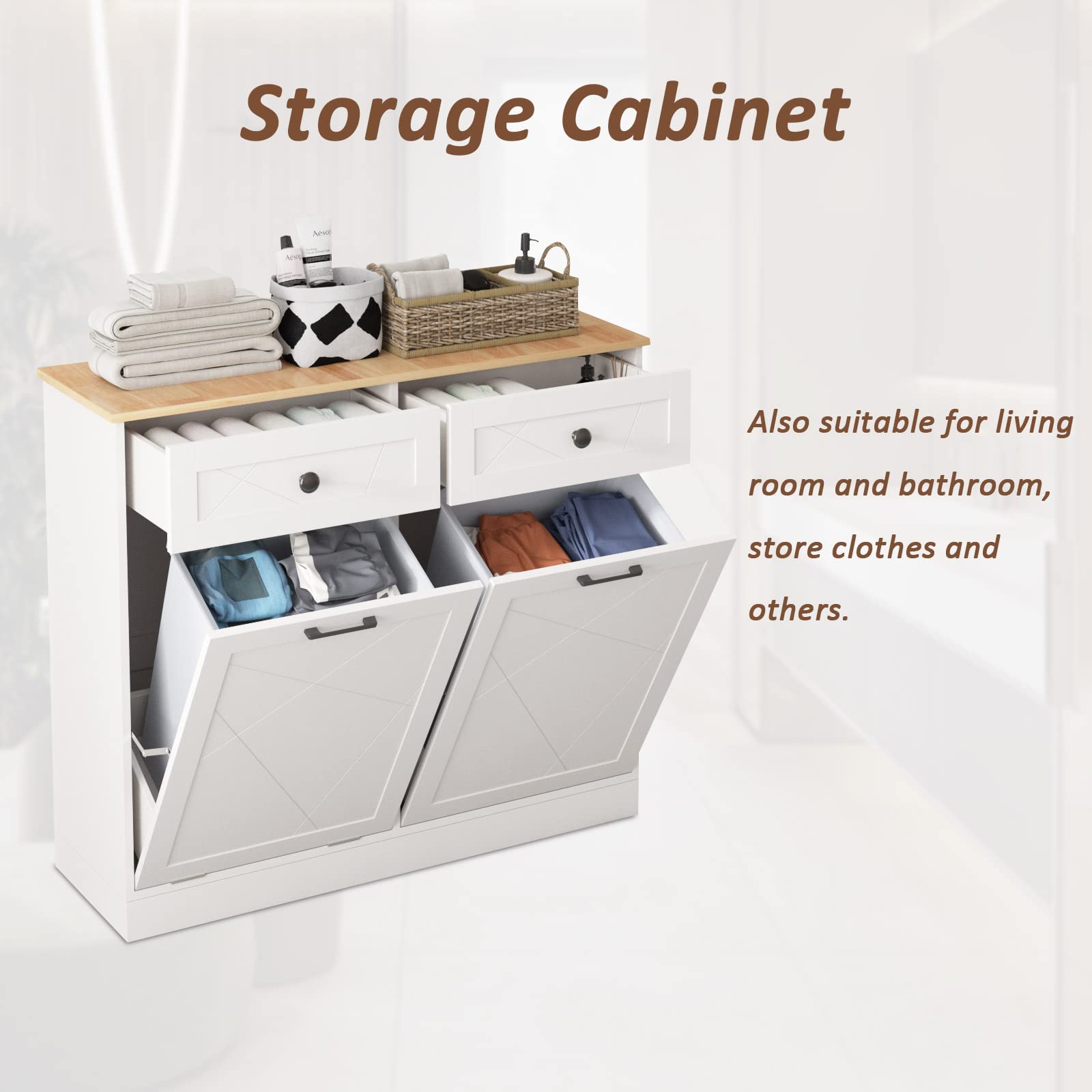 Halitaa Trash Cabinet Double Tit Out Trash Bin, Dog Proof Hideaway Tilt Out Double Trash Can Holder With Two Drawers, Free Stand