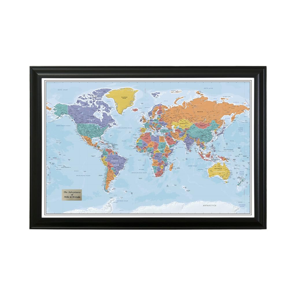 Push Pin Travel Maps - Customizable Blue Oceans World Push Pin Travel Map With Black Frame- 27.5'' X 39.5'' - 8 Handcrafted Fram