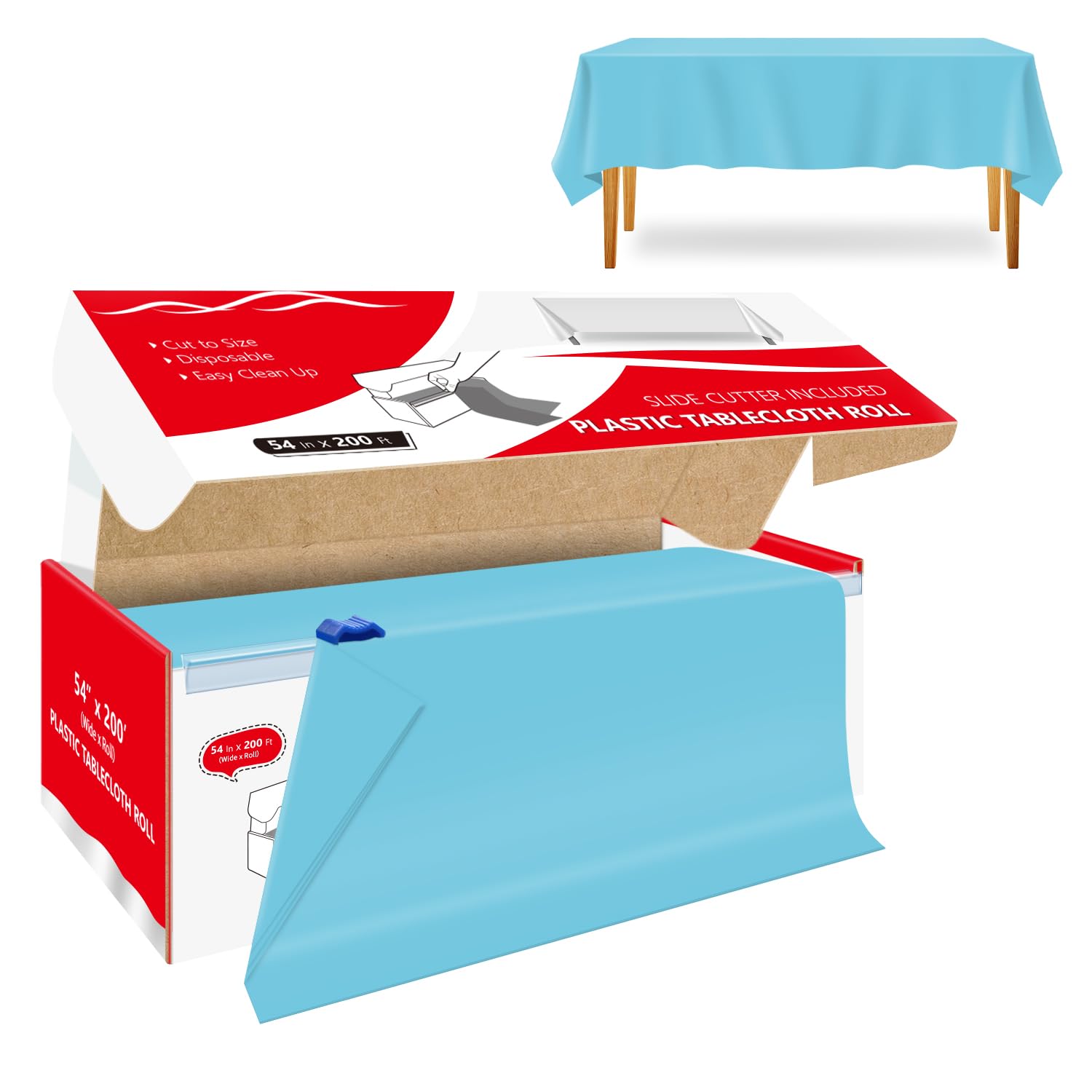 Xnluothsk 54 Inch x 200 Feet Light Blue Plastic Tablecloth Roll Cut to Size Disposable Table Cover with Cutter Box Plastic Table