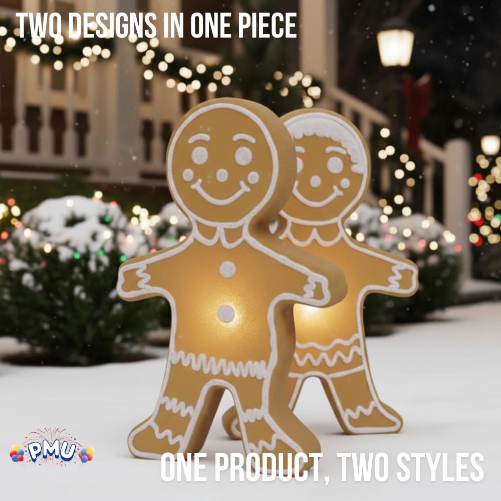 PMU Christmas Light-Up Gingerbread Figure - Double Sided Blow Mold Plastic Statue with 6 Cord and Light - Perfect D  cor for Ho