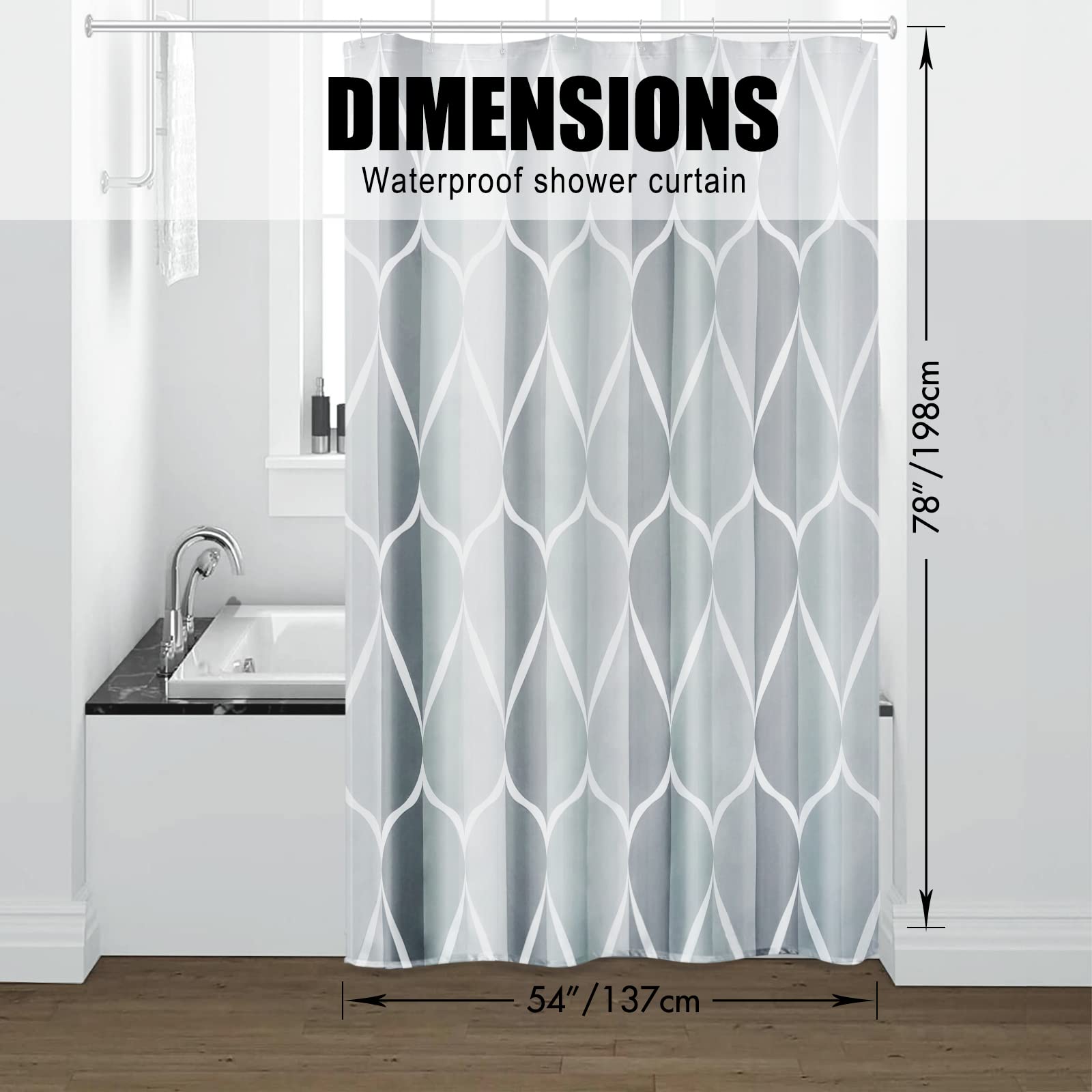 Gelbchu Grey Geometric Shower Curtain W 54 X H 78,Waterproof Design And Polyester, Quick-Drying, Weighted Hem, Stall Size Shower