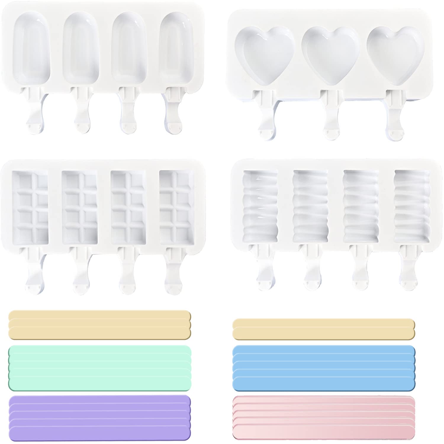 Elane 4 Pcs Ice Popsicle Molds,Silicone Ice Pop Molds,Silicone Popsicle Molds With Sticks (25 Pcs Colored Popsicle Sticks)