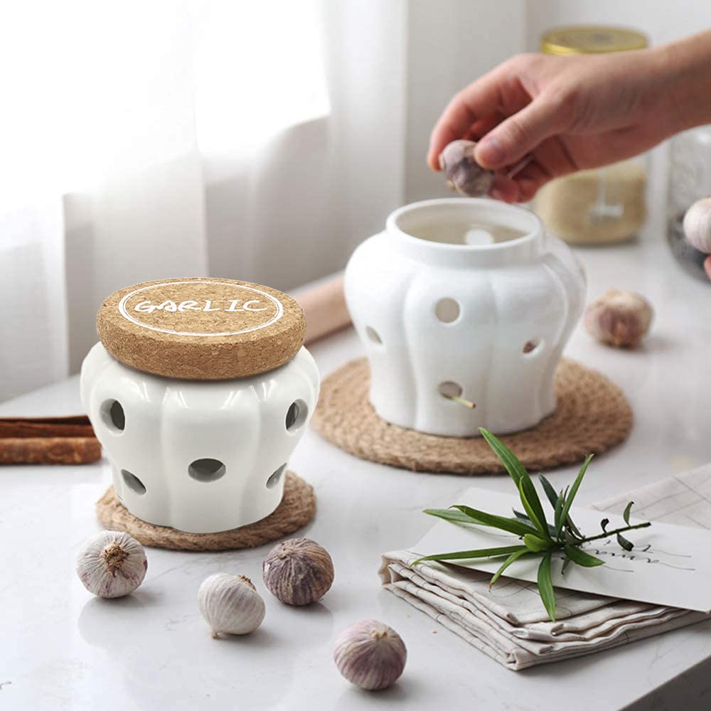 Xinli Rustic Garlic Keeper Vented Ceramic Storage Container. White Stoneware With Nature Cork Lid. 4.3 X 4.3 X 3.7 Inches