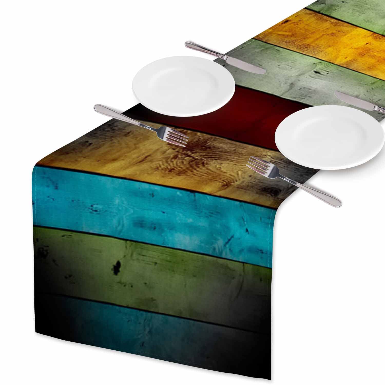 Hosnye Table Runner Vintage Abstract Rainbow Wood Plank,Cotton Linen Table Runner Decoration For Kitchen Family Dinner Table Hol