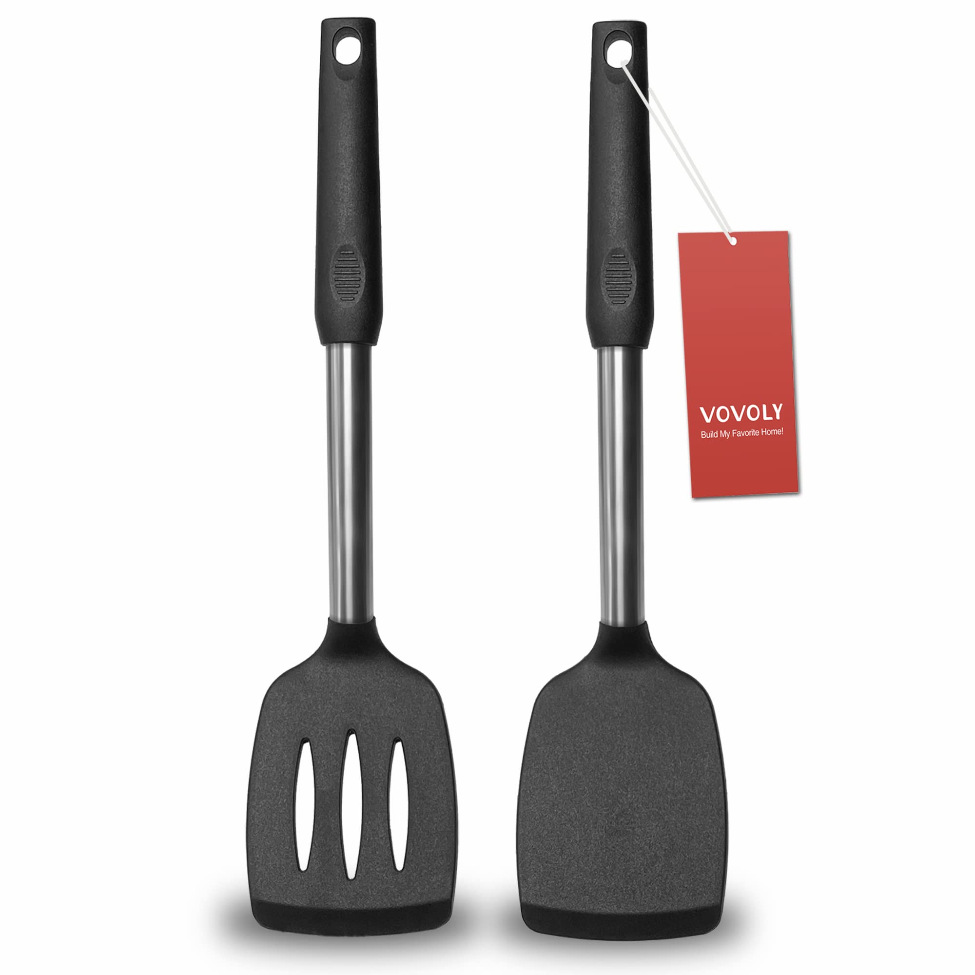 2 Pack Spatulas, Solid & Slotted Silicone Spatula Set, Stainless Steel Handle Coated With Silicone, Non Stick Turners, Heat Resi