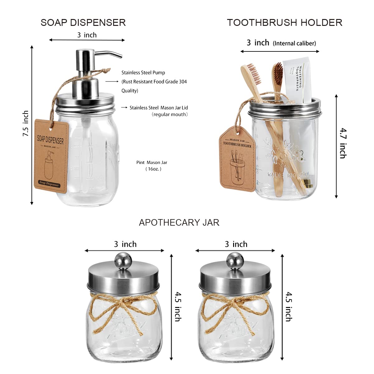 Mason Jar Bathroom Accessories Set- 6PCS - Lotion Soap Dispenser Toothbrush Holder 2 Apothecary Jars(Qtip Holder)  Soap Dish Storage Organizer Basket - Rustic Farmhouse Decor (Brushed Nickel)