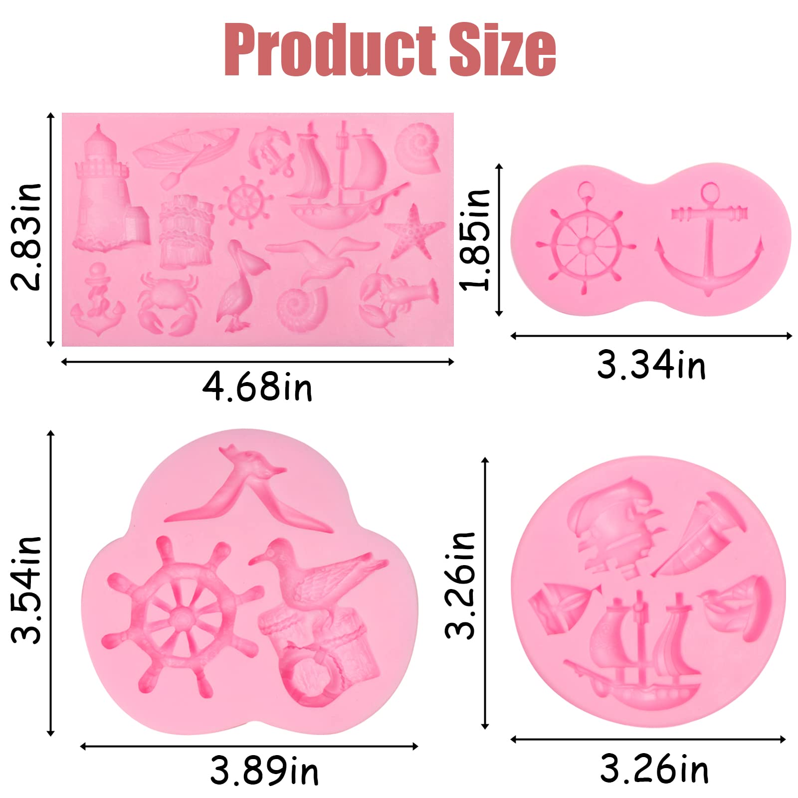 Anchor Fondant Molds 4 Pcs, Rudder Seagull Sailing Boat Hook Silicone Mold Lifebuoy Lighthouse Mold For Chocolate Cake Decoratio