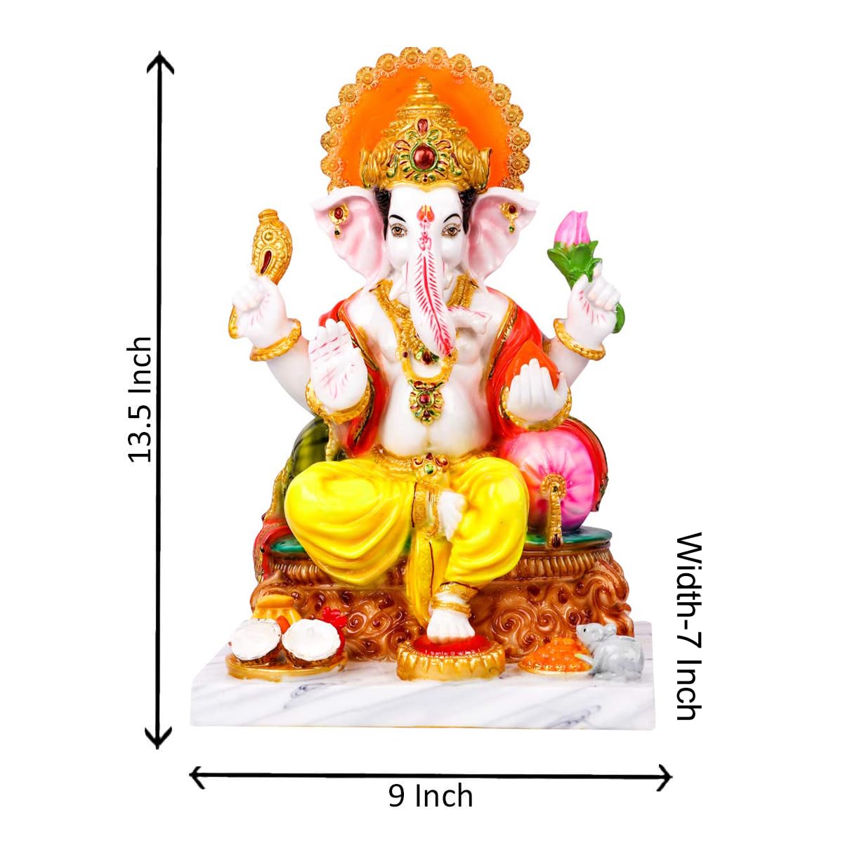 Divine Gifts Ganesh Marble Idol | Marble Statue | Murti for Pooja Room | Idols Home Decor (White & Golden) (Multi-Coloured, 12 I