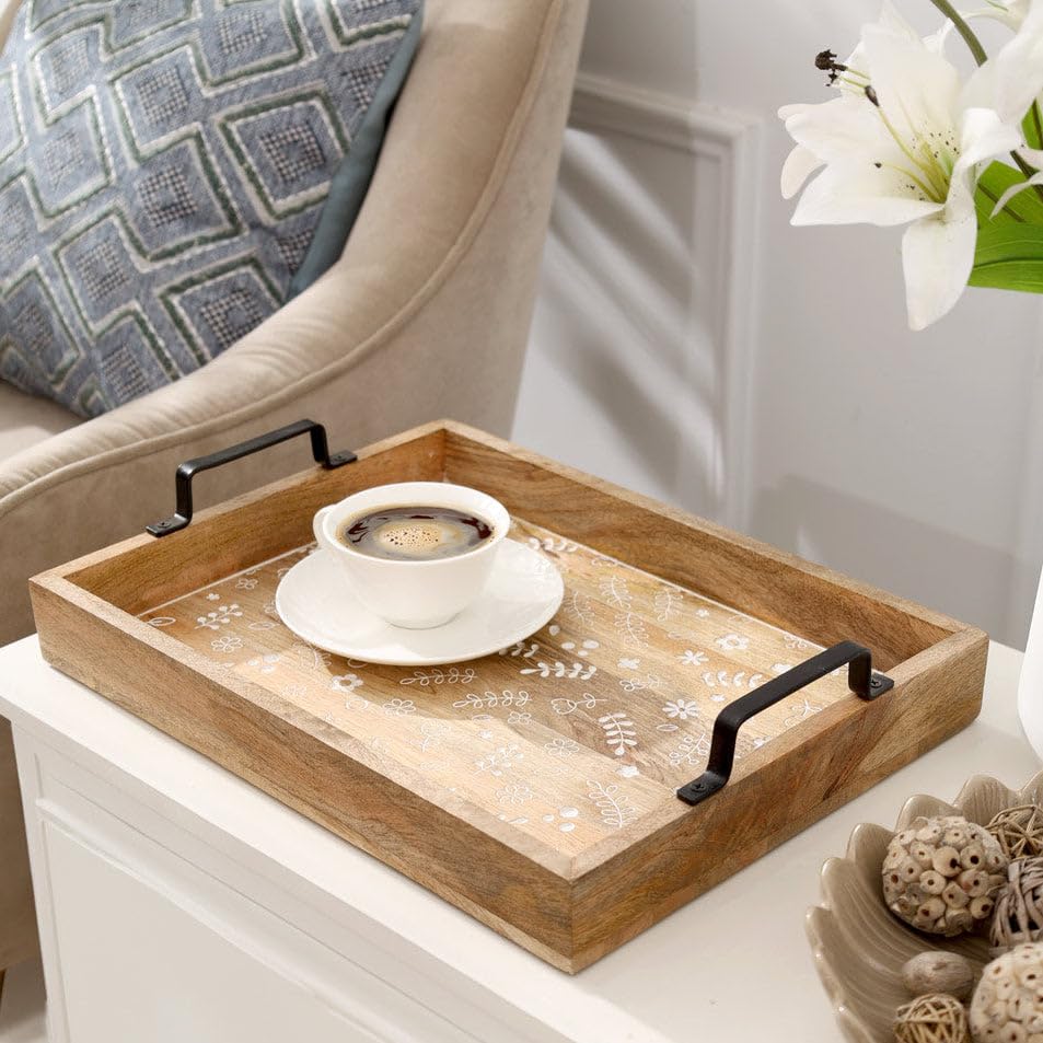 Esq Living Carved Serving Tray With Side Handles | Serving Tray For Home Kitchen And Dining Table | Tea Tray | Ideal For Breakfa
