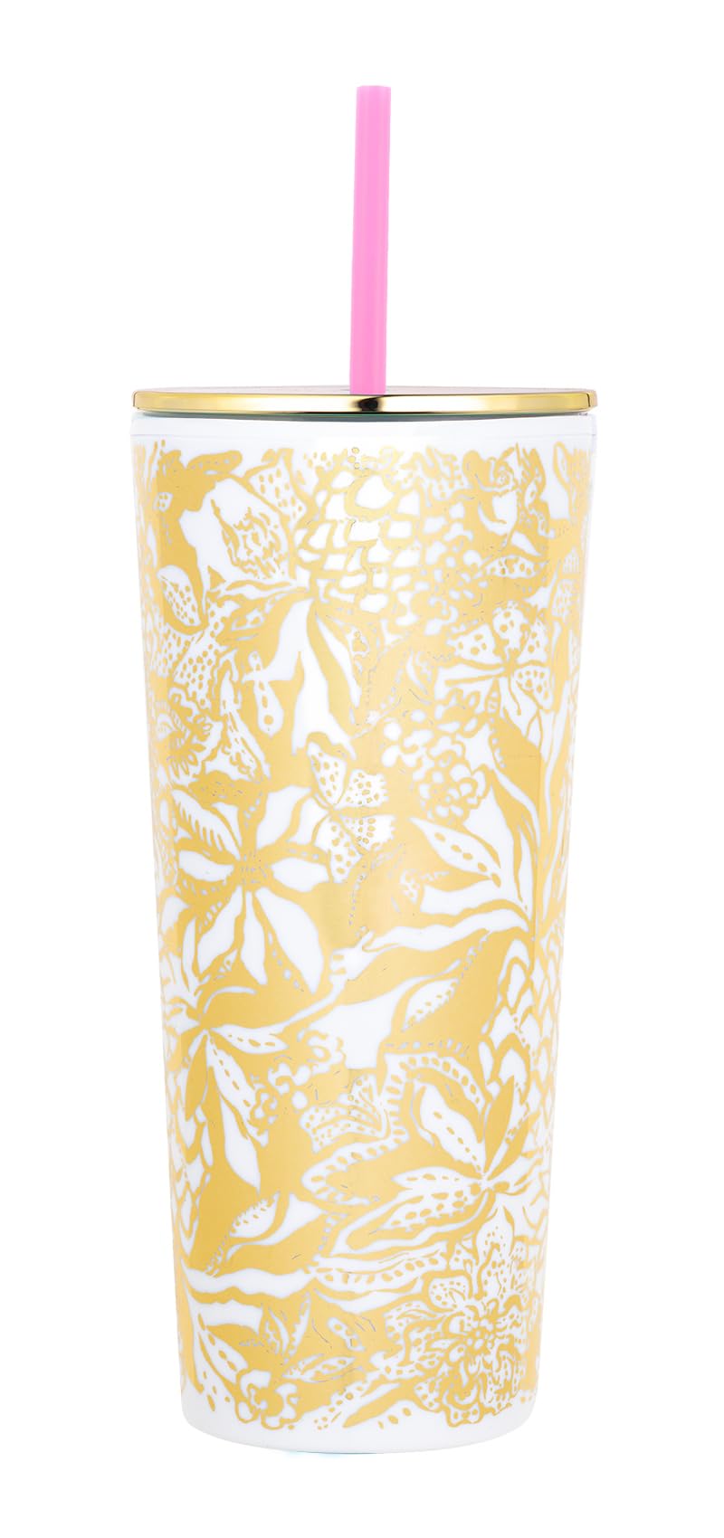 Lilly Pulitzer Gold Double Wall Tumbler with Lid and Reusable Straw, Insulated Travel Cup Holds 24 Ounces, Safari Sangria