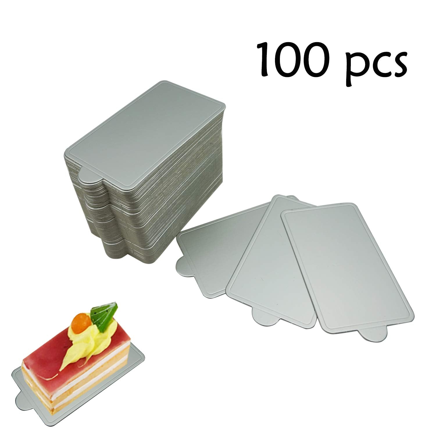 Proshopping 100 Pcs 4.25''X2.36'' Mini Cake Boards, Rectangular Silver Mousse Cake Cardboard Set, Cupcake Cake Base, Dessert Dis