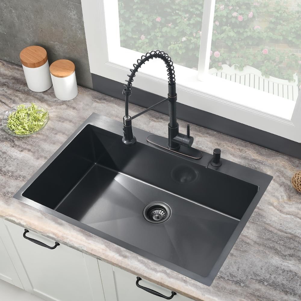 Jshozzy 33 Inch Black Drop In Kitchen Sink, 33 X 19 Drop In Kitchen Sink Single Bowl Topmount Kitchen Sinks 16 Gauge Stainless S