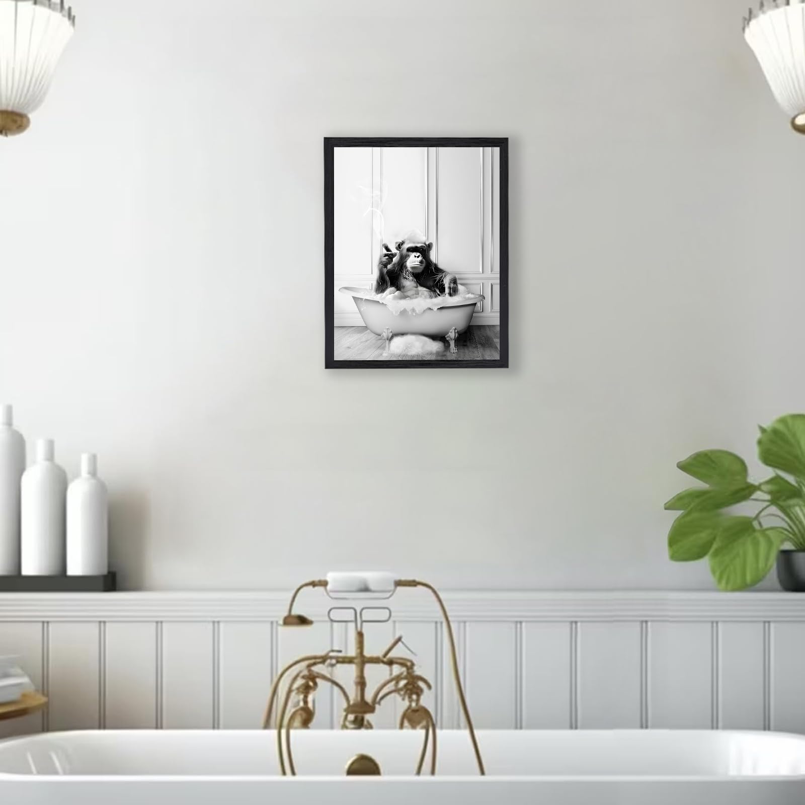 Kbkbart Framed Bathroom Decor Wall Art, Funny Canvas Chimpanzee In Bathtub Bathroom Picture, Black And White Bathroom Wall Art D