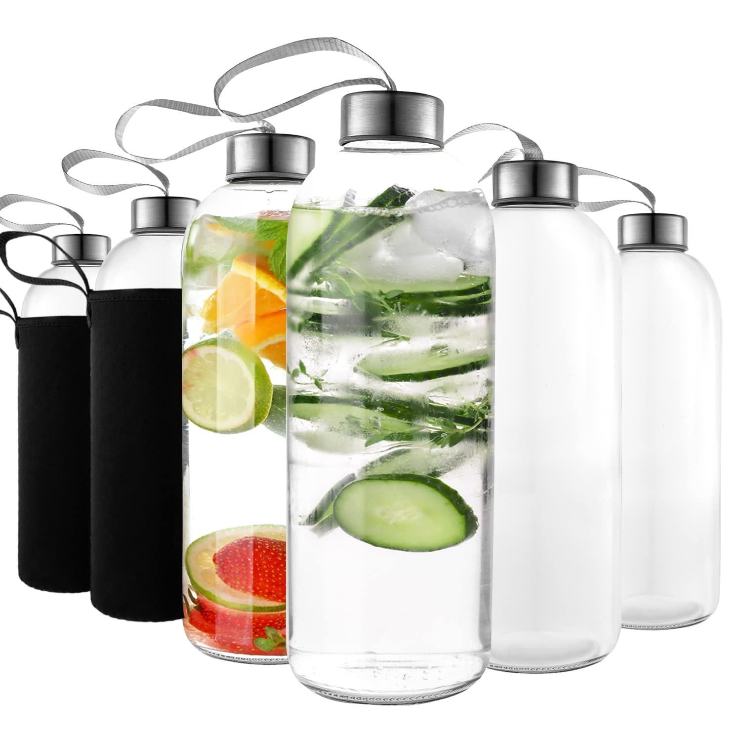 Kitchen Lux 32 oz Glass Water Bottle Set of 12  Glass Water Bottles Caps & Sleeve, Reusable Glass Bottle Lids, Clear Glass Bott