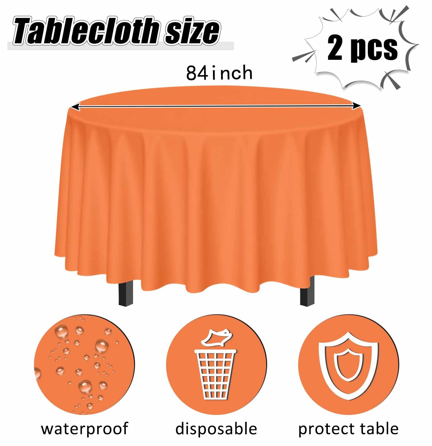 SietDESEO 2 Pack Orange Tablecloth Round 84 x 84 Plastic Table Cover Waterproof Orange Table Cloth Disposable for Wedding Birthd