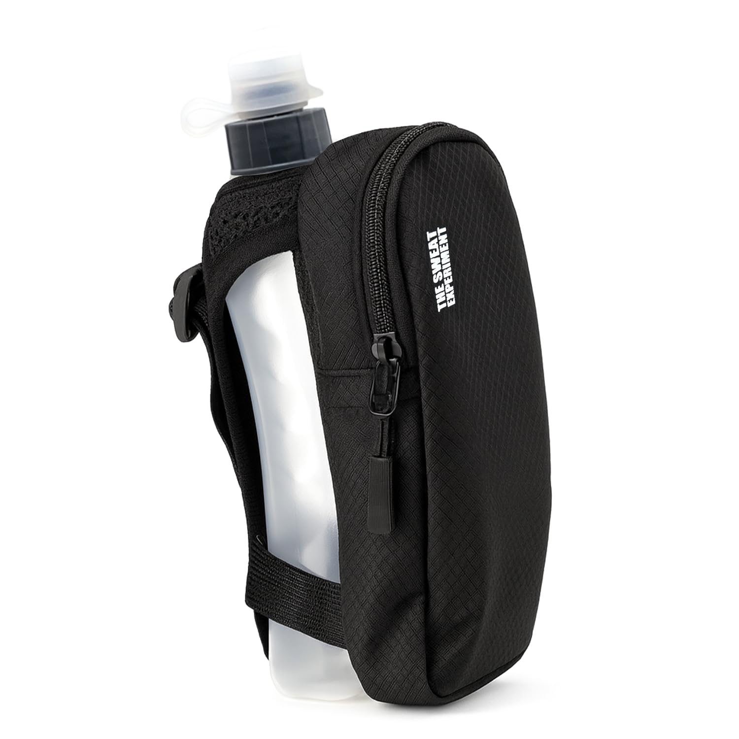 The Sweat Experiment Handheld Running Water Bottle with Large Phone Holder - 12oz Grip-Free Hydration Flask with Pocket for Card