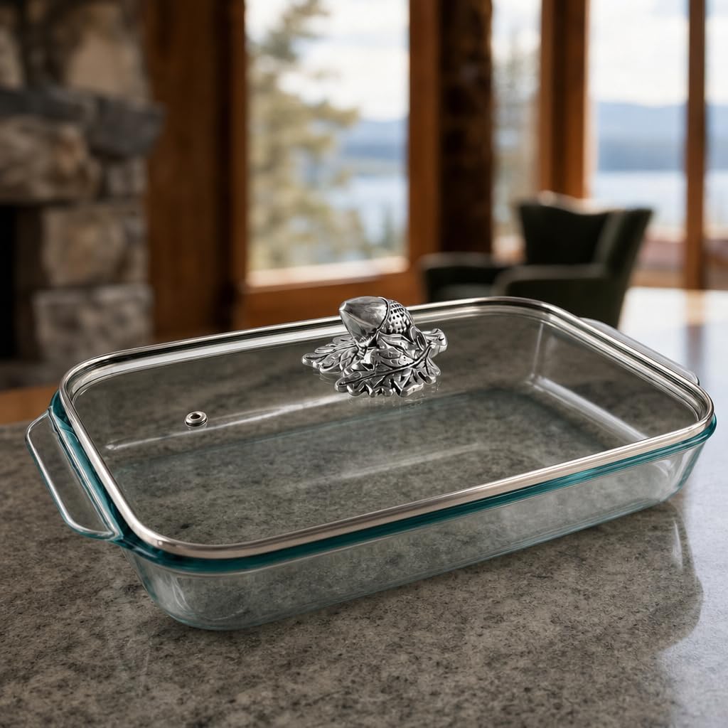 Arthur Court Glass Casserole Dish with Metal Acorn Handle Baking Dish  Perfect to keep your Easter Sides Protected and Warm  F