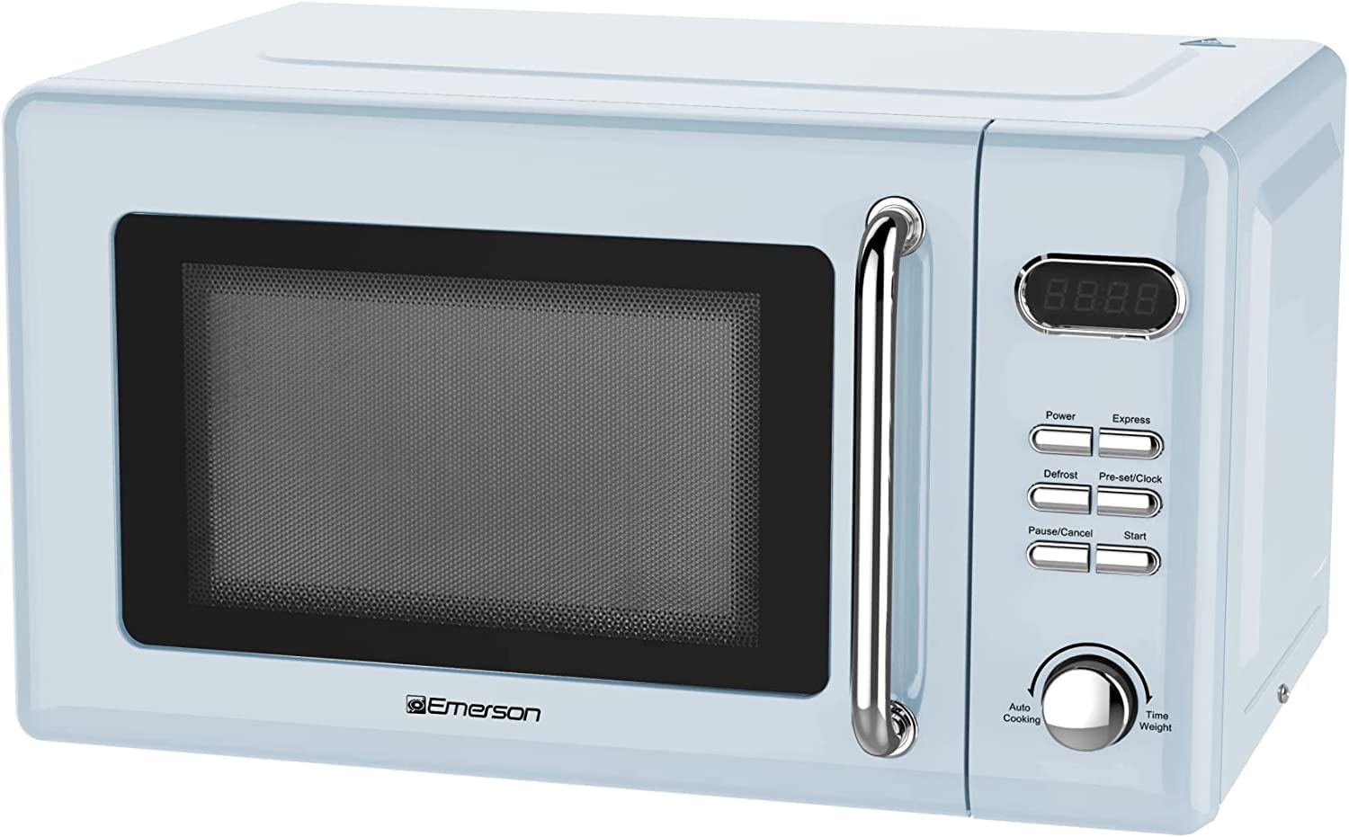 Emerson 7 Cu Ft Retro Digital Microwave Oven, 700W With 5 Micro Power Levels, 8 Pre-Programmed Settings, Express & Defrost, Chro