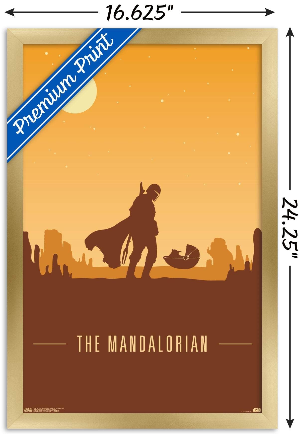 Trends International Star Wars: The Mandalorian - Mando And The Child At Dusk Wall Poster, 14.725'' X 22.375'', Gold Framed Vers