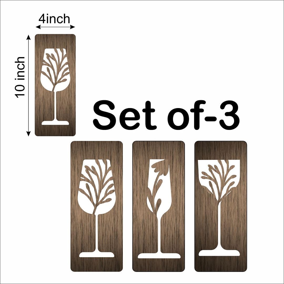 CVANU Set of 3 Leaf & Glass Shape Cutting MDF Self-Adhesive Wall Hanging Cutout for Wall Decoration (10inchX4inch)_W273