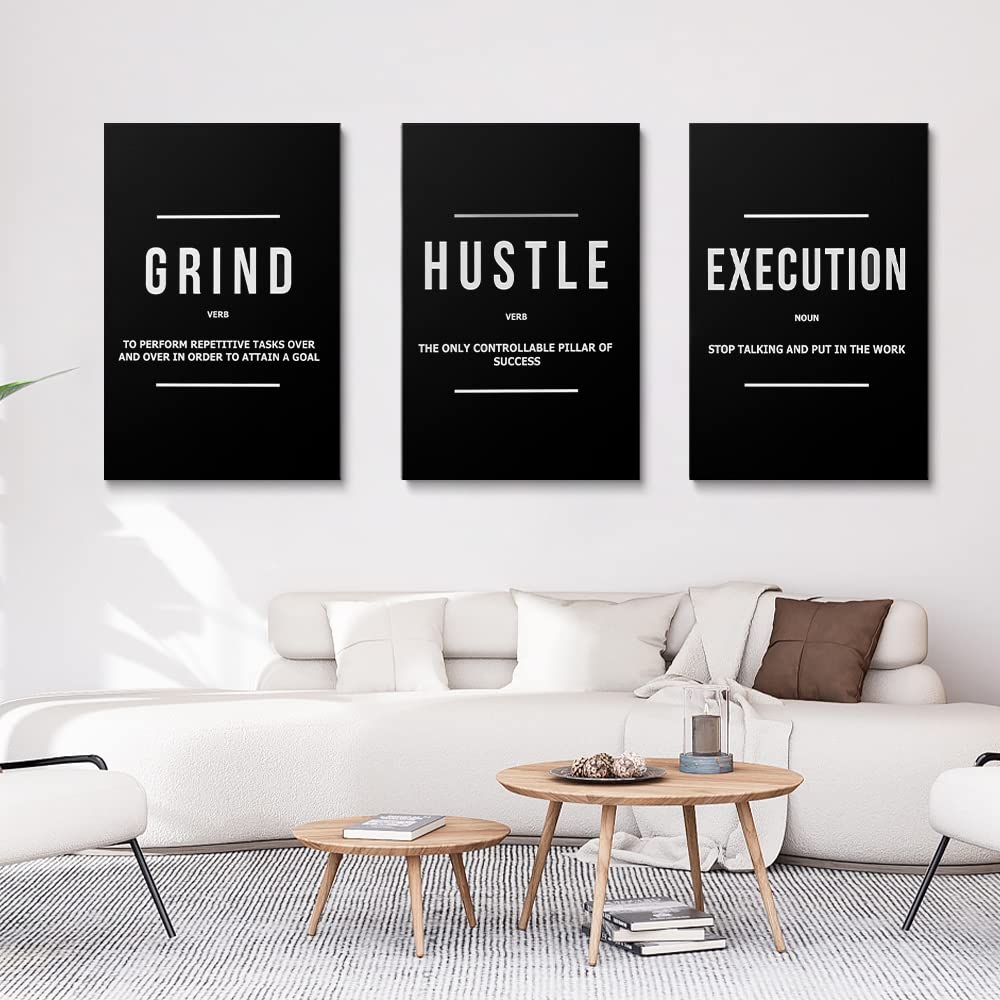 Gubiyu Hustle Grind Execution Wall Art Set Of 3 Framed Canvas Black Motiviational Wall Art Home Office Wall Decor Inspirational