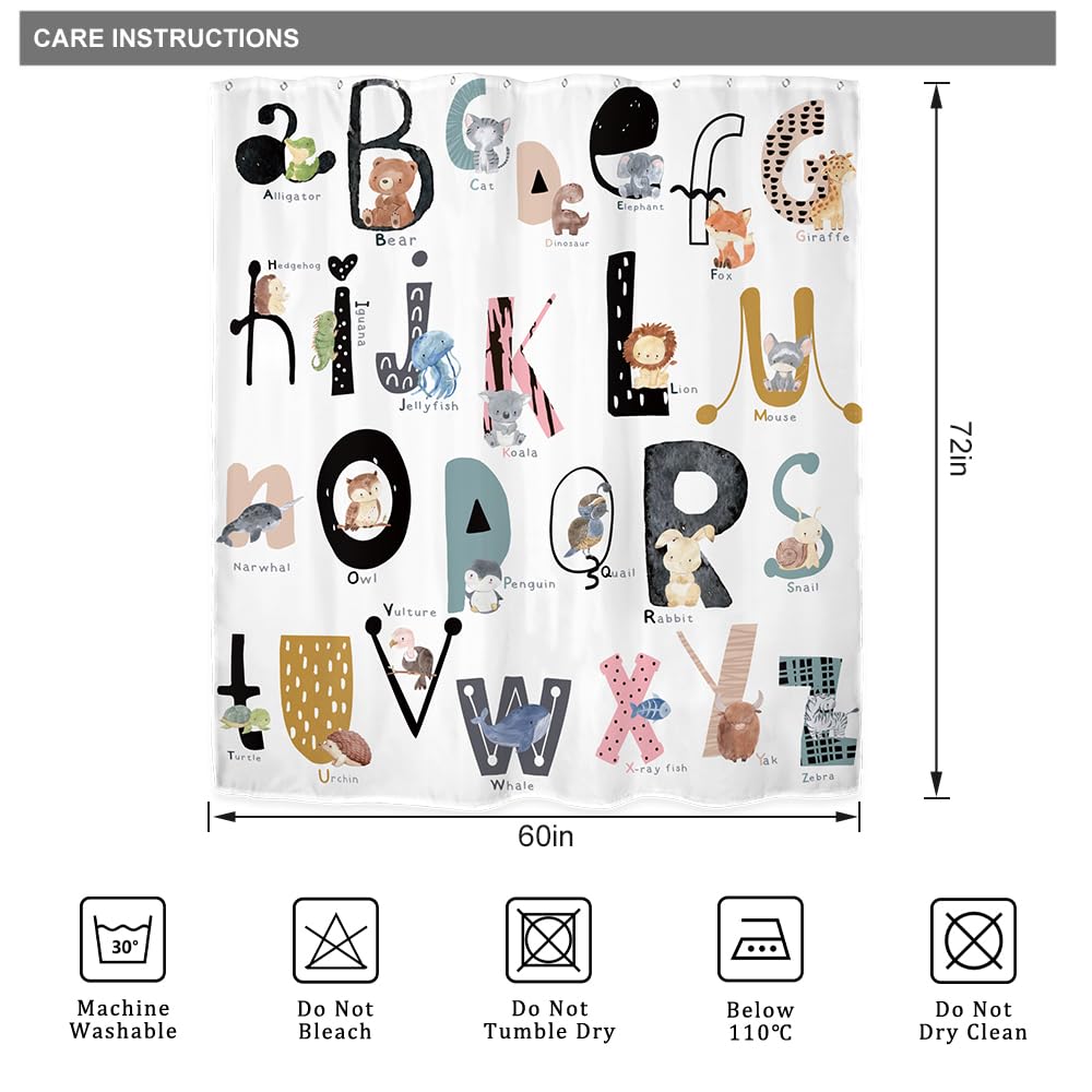 Riyidecor Kids Abc Learning Alphabet Shower Curtain For Bathroom Decor 60Wx72H Educational Study Boys Baby Children Funny Large