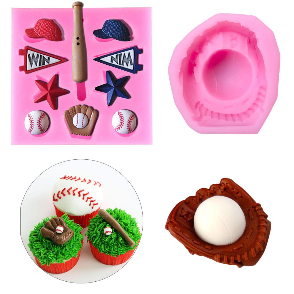 2Pcs/Set Baseball Fondant Mold For Cake Cupcake Decorating, Baseball Softball Glove Silicone Chocolate Candy Sugar Paste Mold, S