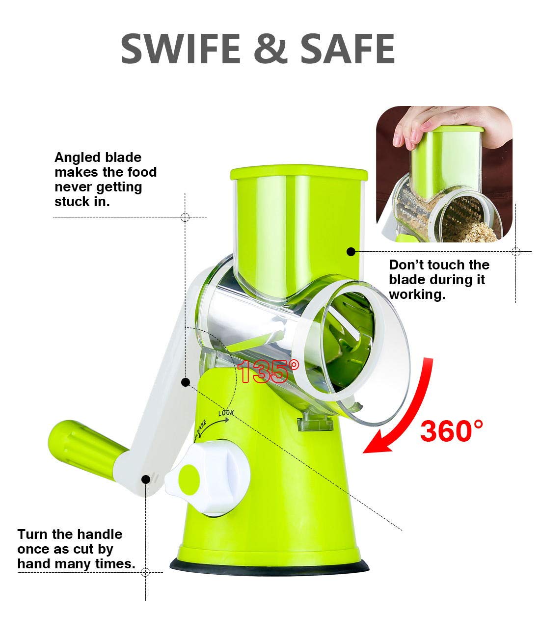 Ancevsk Rotary Cheese Grater Shredder, Speed Kitchen Manual Round Mandolin Slicer Safe Grinder