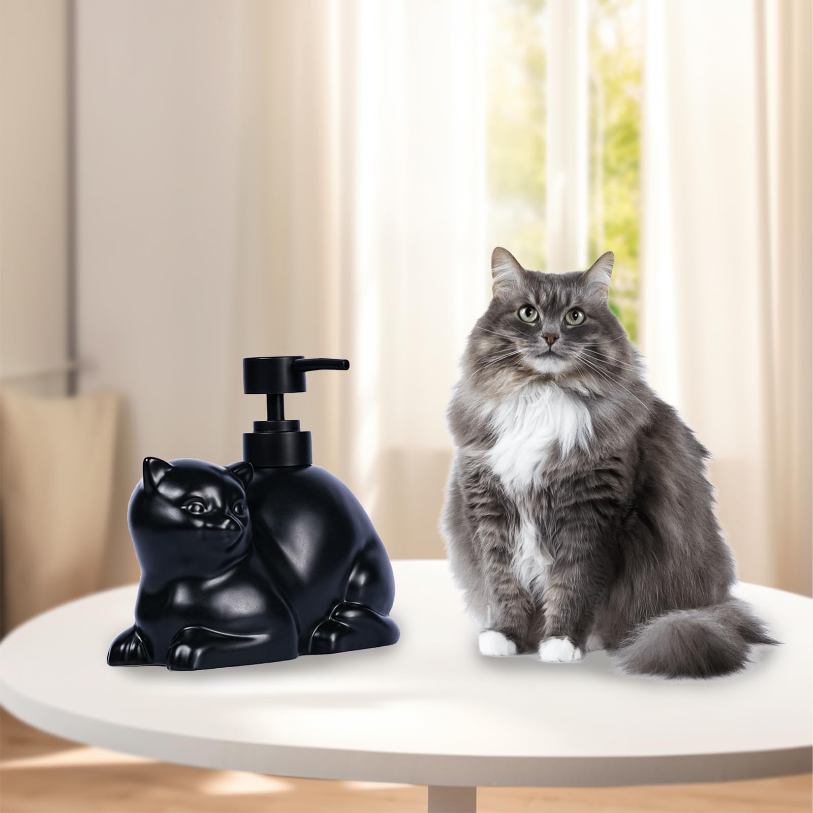 Amaauto Black Cat Shape Soap Dispenser, Funny Ceramic Soap Dispenser, 15Oz Refillable Essential Oil, Lotion Liquid Hand Soap Dis