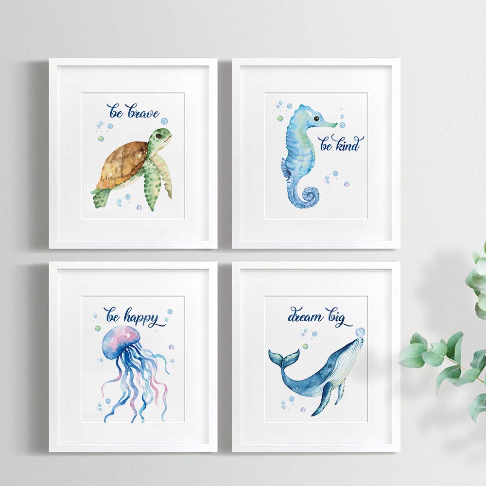 SUUURA-OO Lovely Inspirational Words Texture of Dreams Watercolor Sea marine life Art Print Set of 4 (8?10?  Sea Turtle Seahorse fish whale Jellyfish Wall Poster  Blue Ocean Theme Nursery Kids Room Wall Decor  No Frame