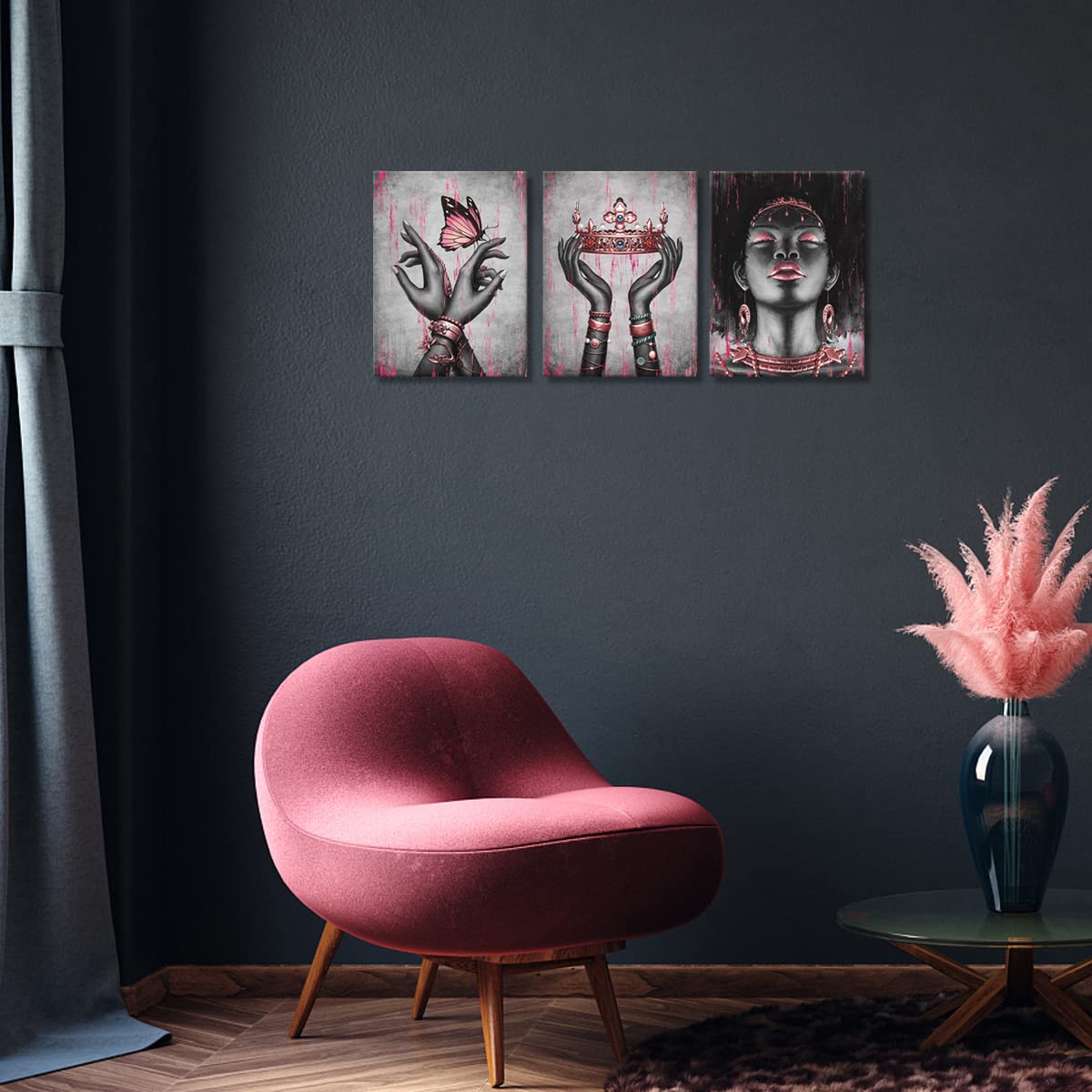 Visual Art Decor African American Canvas Wall Art Pink and Black Woman Portrait Fashion Rose Gold Black Girl Pink Bedroom Decor Framed Artwork for Home Living Room Decor (12inx16inx3Pieces)
