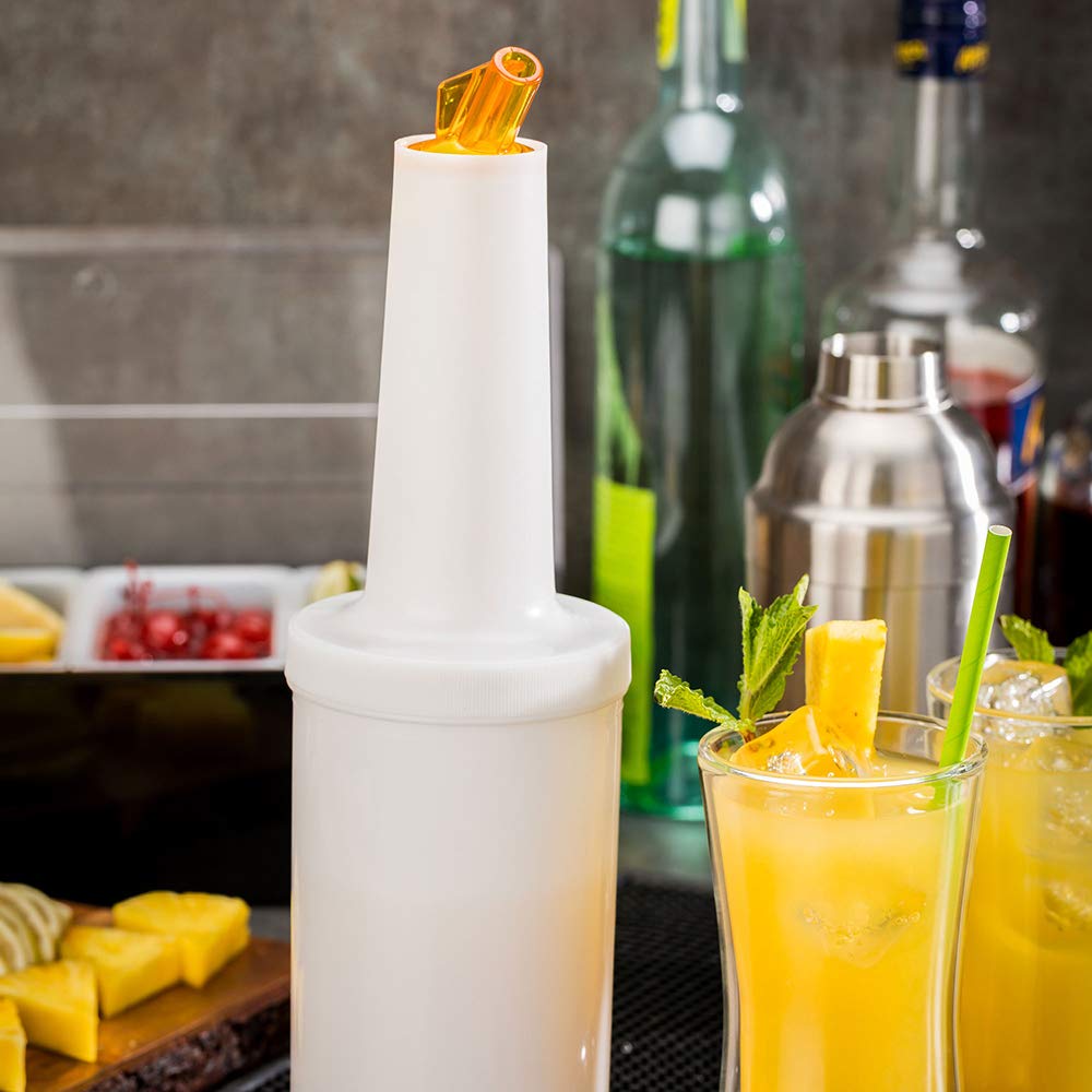 Restaurantware 1 Qt Plastic Quick Pour Storage Container Bottle - With Yellow Spout And Lid - Bar Storage Bottle - 3 1/2'' X 3 1