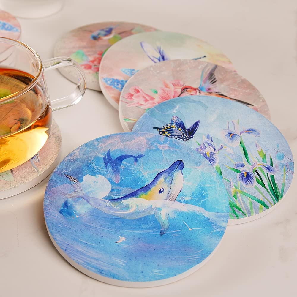 Trinsi Coasters For Drinks, Set Of 10 Absorbent Ceramic Stone Coasters, Natures, With Cork Back 5 Designs