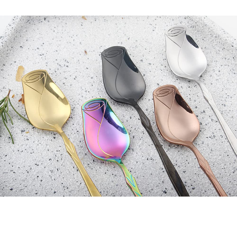 Stainless Steel Spoon Set 5 Pack, Rose Flower Shaped Spoon, Coffee Spoon,Dessert Spoon, Ice Cream Spoons, Tea Spoons,Love Spoon,