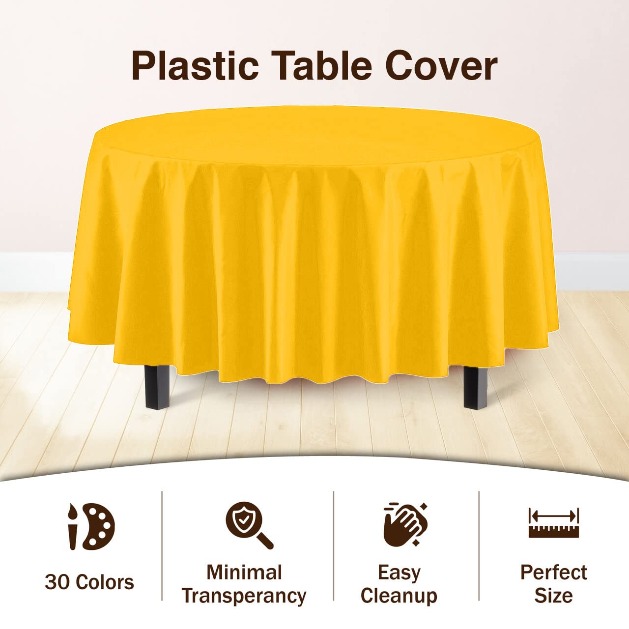 Exquisite 6-Pack Premium Plastic Tablecloth 84In. Round Plastic Table Cover - Yellow