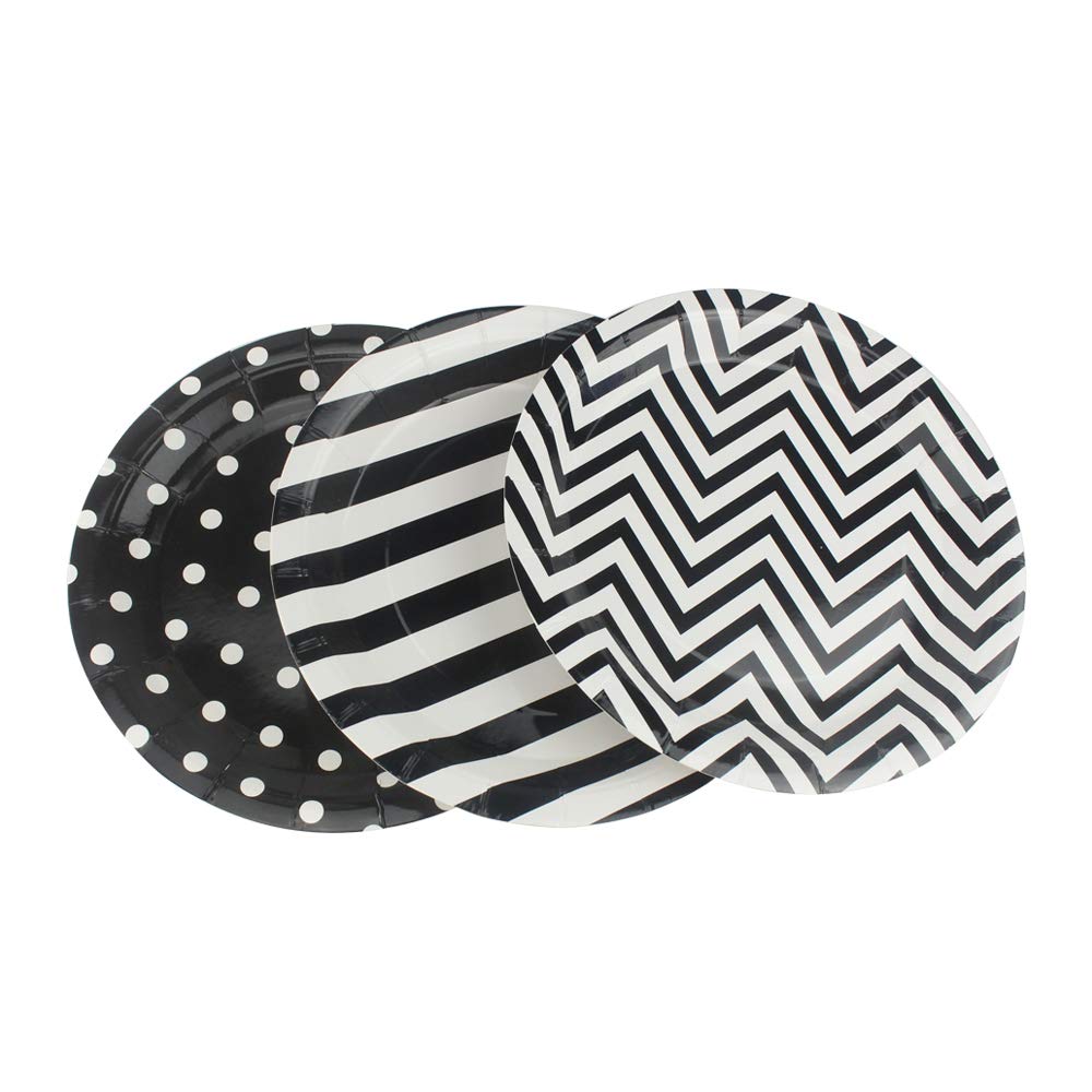 Dulousia Black Striped Polka Dot Chevron Paper Plates 36Pcs - 9Inch Round Party Plates For Dessert, Cakes, Fruits