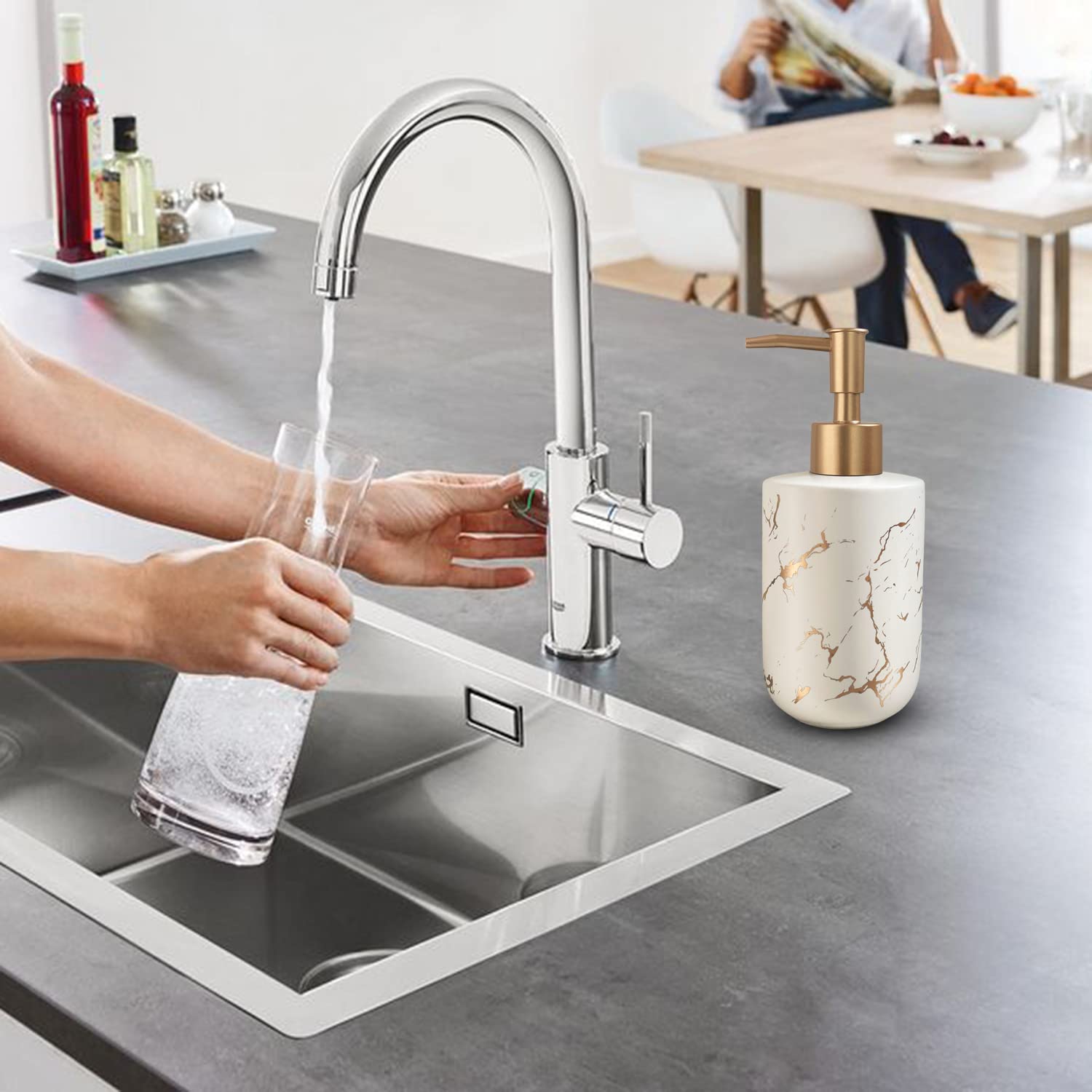 Gold Ceramic Soap Dispenser For Bathroom White Soap Dispenser For Kitchen Dish Soap Dispenser With Marble Pattern Liquid Hand So