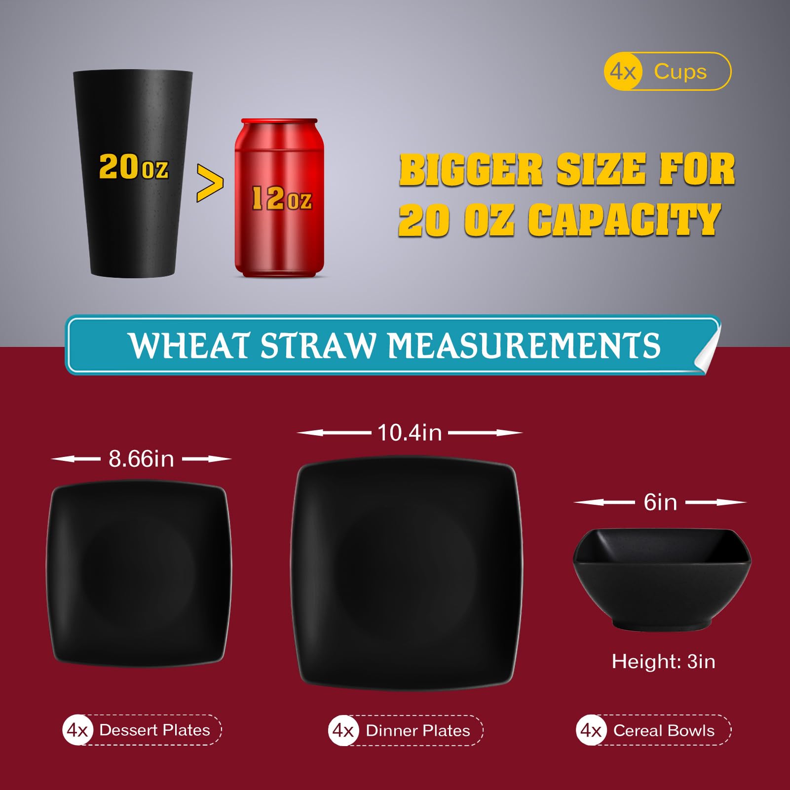 Teivio 16-Piece Plastic Wheat Straw Square Dinnerware Set For 4, Unbreakable Dinner Plates, Salad Plates, Snack Bowls, Tumblers