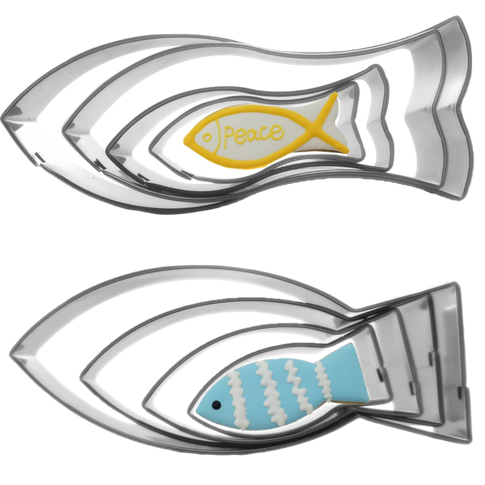 Fish Shaped Cookie Cutter Set Of 8 Pcs, Stainless Steel Jesus Fish Fondant Cutters (4 Pcs Flat Tail Fish + 4 Pcs Fork Tail Fish)