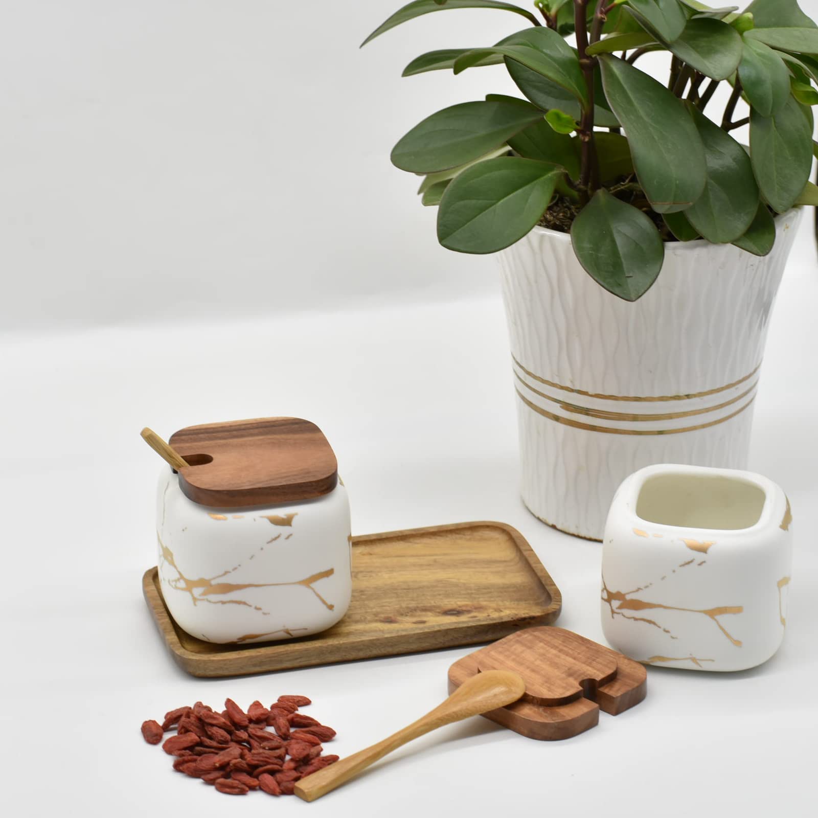 Eimquvw Sets Of 2 Marble Ceramic Seasoning Jars Ceramic Sugar Salt Bowl Condiment Pots With Wooden Lids,Wooden Spoon And Wooden