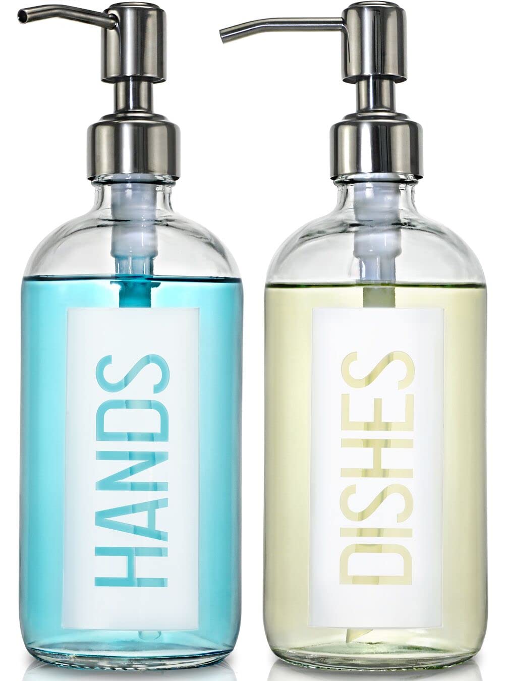 Jasai 2Pack 18Oz Glass Soap Dispenser With Rustproof 304 Stainless Steel Pump, Kitchen Soap Dispenser With Hands & Dishes Label,