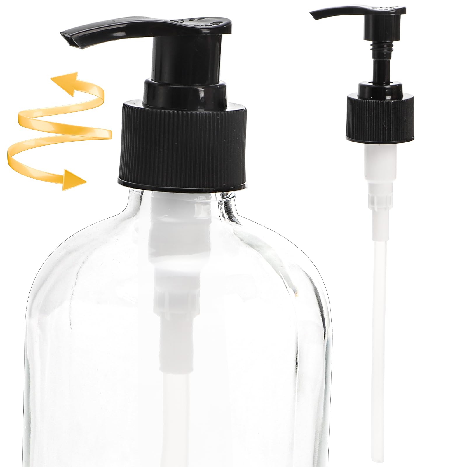 Yarlung 4 Pack 16 Oz Glass Pump Bottles  Clear Refillable Containers Glass Soap Dispenser for Essential Oils  Lotions  Cleaning Products  4 Black Caps 6 Labels