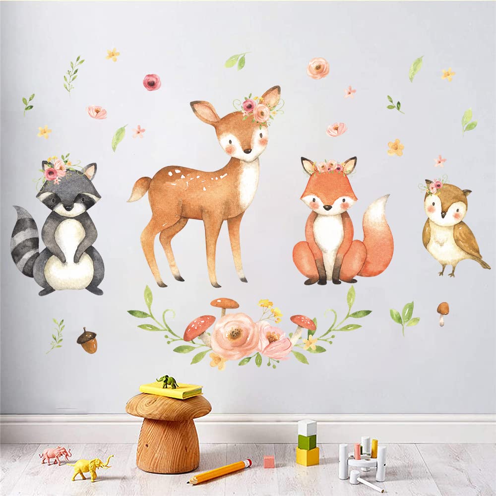 Supzone Woodland Animal Wall Decals Cartoon Animal Wall Stickers Cute Raccoon Deer Fox Owl Forest Animal Wall Decal For Kids Bab