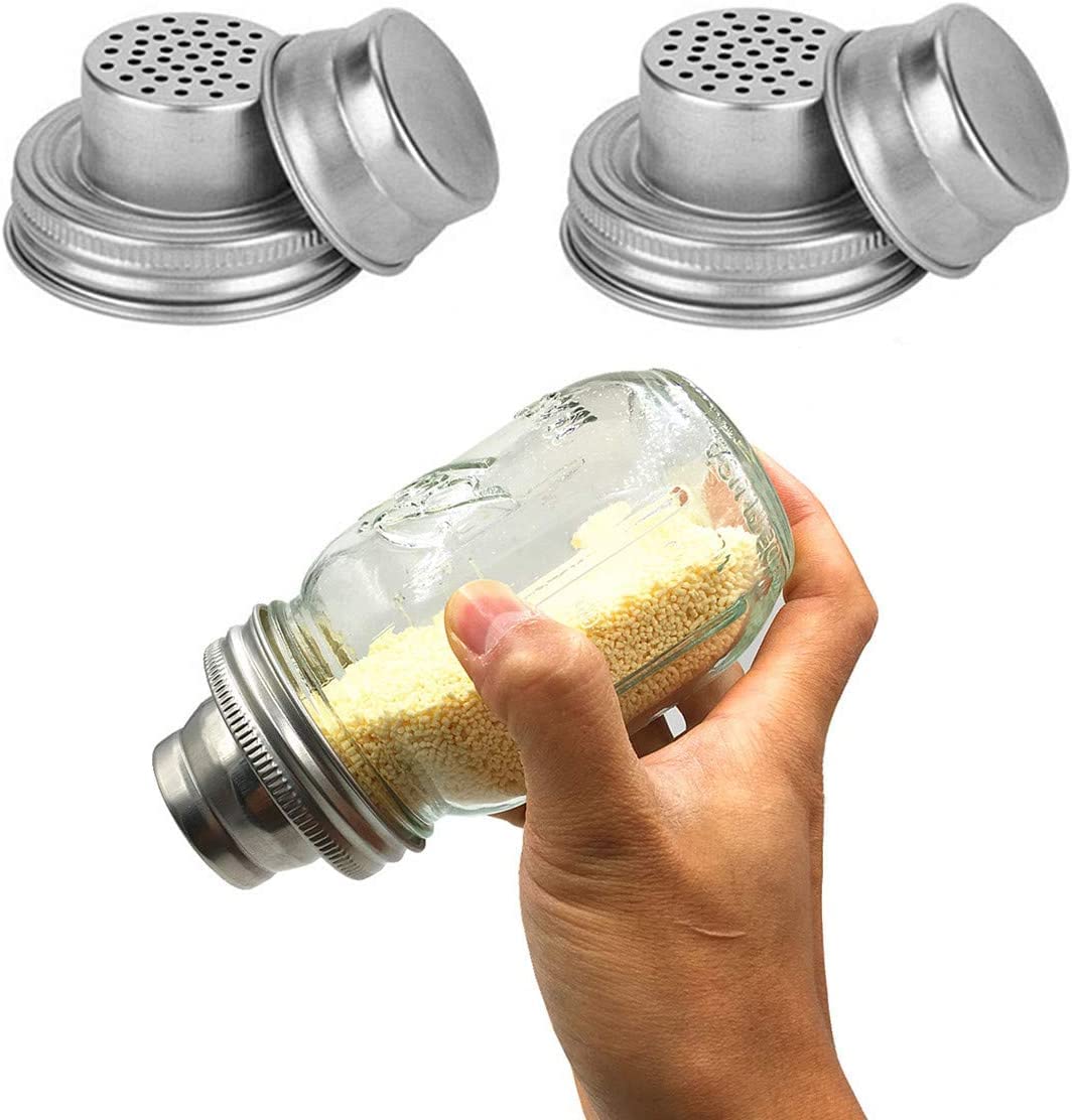 2 Pack Mason Jar Shaker Lids 304 Stainless Steel With Silicone Seals For Dredge Flour,Mix Spices,Sugar, Salt, Peppers And Any Re