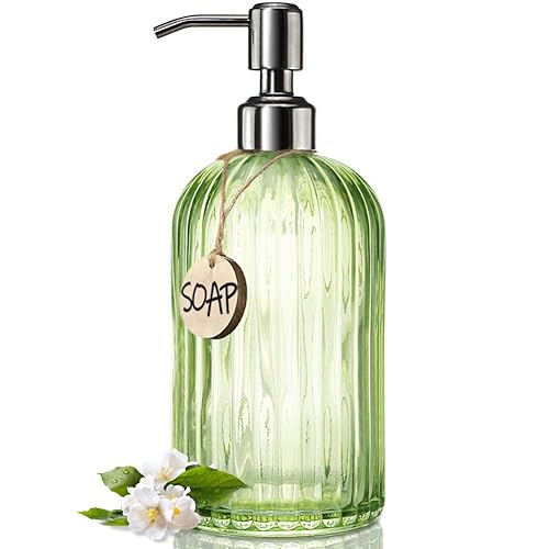 JASAI 18 Oz Vertical Striped Green Soap Dispenser with 304 Rust Proof Stainless Steel Pump  Refillable Lotion Soap Dispenser for Bathroom  Kitchen  Hand Soap  Dish Soap (Clear Green)